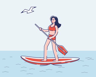 Yemek masasında kürek çeken bir kadın. Genç karikatür kadın sörf tahtasında kürek çekiyor.