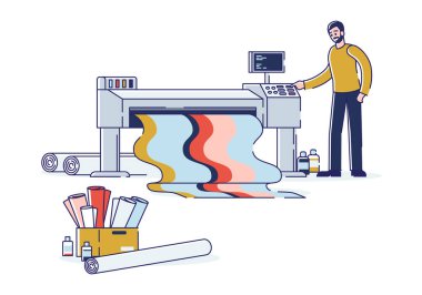 Pankartta Coloful mürekkebiyle basan adam. Matbaa ve yalan makinesi ofisi