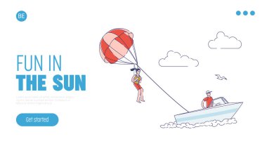 Seaside vacation activity banner with girl parasailing in sky. Template landing page design clipart