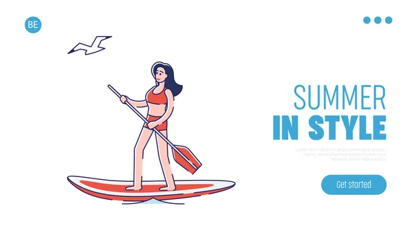 Pagina di destinazione delle vacanze estive con donna che remava su sup board. Concetto di attività vacanze al mare — Vettoriale Stock