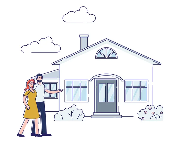 Un paio comprano casa. Concetto di mutuo immobiliare. Cartone animato uomo e donna in piedi fuori nuova casa — Vettoriale Stock