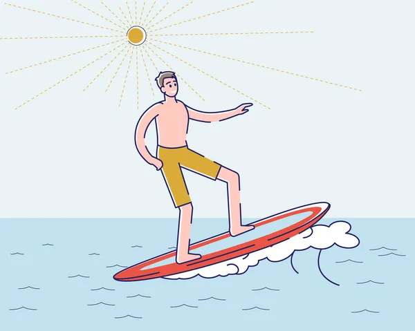 Surfer man on surf board riding ocean wave. Young cartoon guy standing on surfboard — Stock Vector