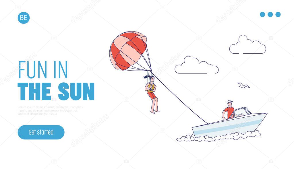 Seaside vacation activity banner with girl parasailing in sky. Template landing page design