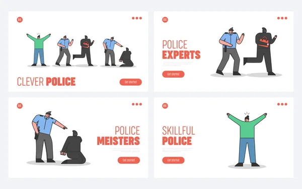 Guardas da polícia e landing pages de segurança definidas. Agente perseguindo e prendendo criminosos — Vetor de Stock