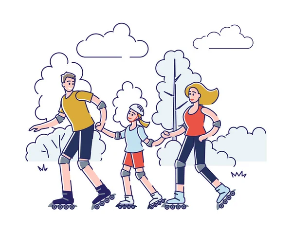 Feliz família patinando juntos no parque. Pais com filha passando tempo ativo ao ar livre — Vetor de Stock