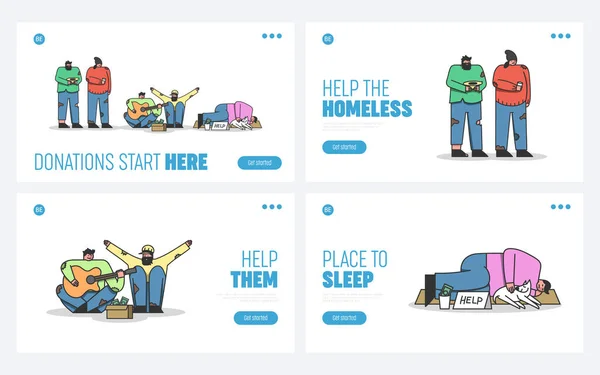 ホームレスの人々の寄付と支援のためのランディングページのセット。チャリティボランティアのコンセプト — ストックベクタ