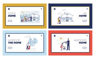 Emlak ajansının web sitesi tasarımı için bir dizi iniş sayfası. Çizgi film ailesi yeni ev satın alıyor.