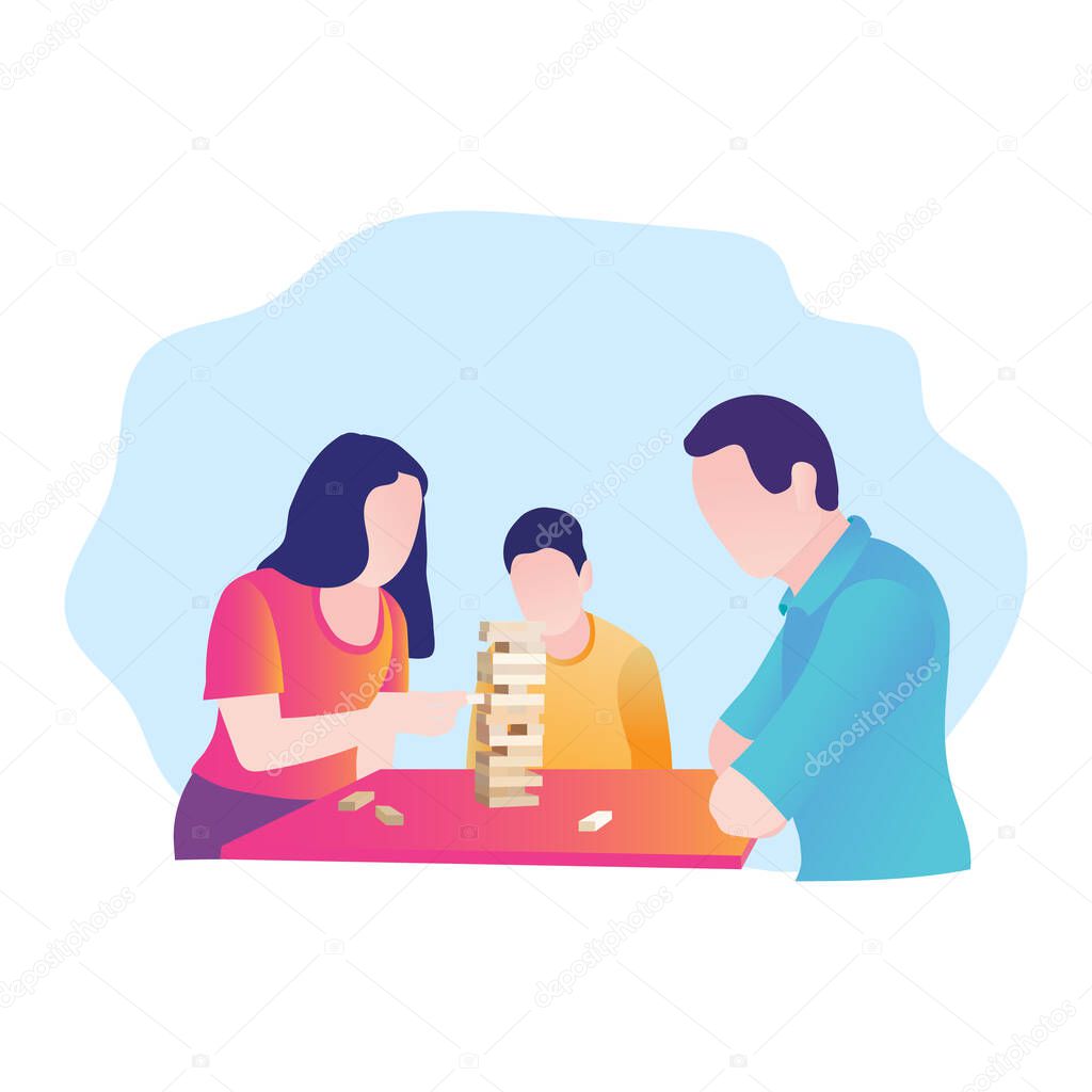 Dad, mom, son play a board game. Vector illustration