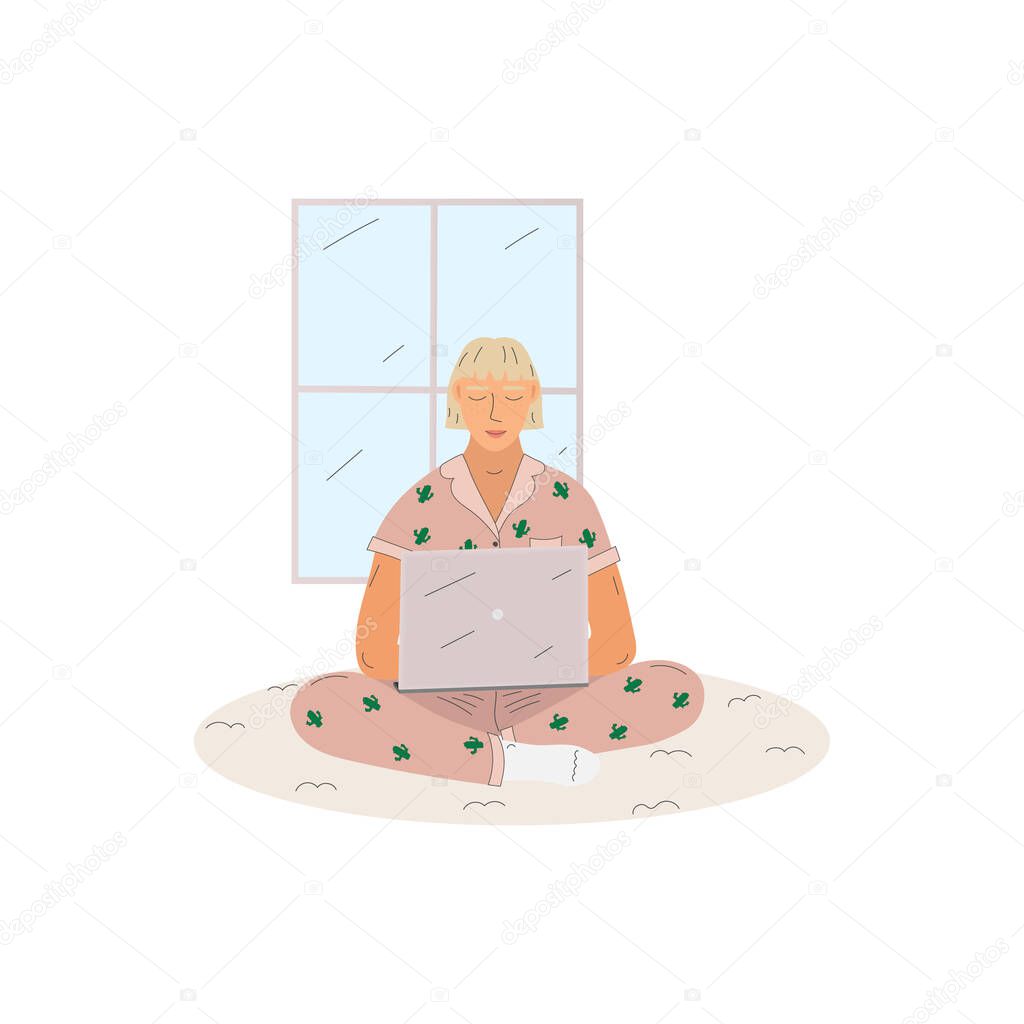 Girl with a laptop at home. Vector illustration.