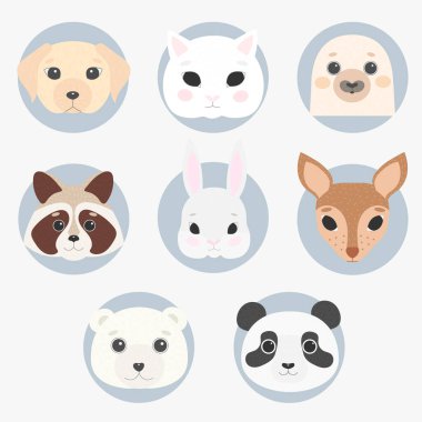 Beyaz arka planda sevimli hayvanlar. Çizgi film karakterleri kedi, kedi, tavşan, kutup ayısı, rakun, geyik, köpek, panda. Çocuklar için vektör illüstrasyonu.
