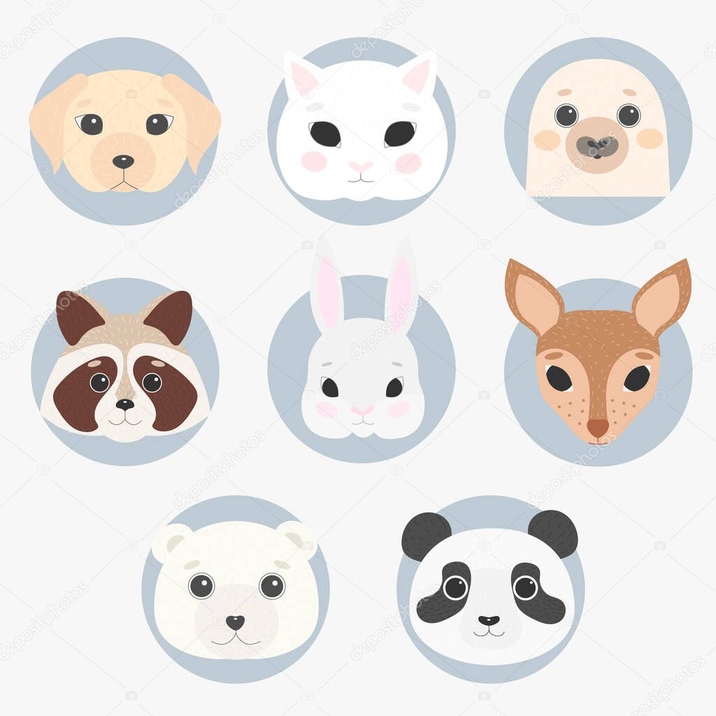 Cute animals on a white background. Cartoon characters cat, cat, rabbit, polar bear, raccoon, deer, dog, panda. Vector illustration for children.