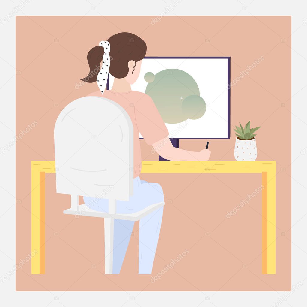 Designer girl draws on a graphic tablet.Vector illustration
