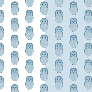 Çocuklar, tekstil ve çocuk kıyafetleri için baykuş desenli kusursuz desenler. Vektör illüstrasyonu