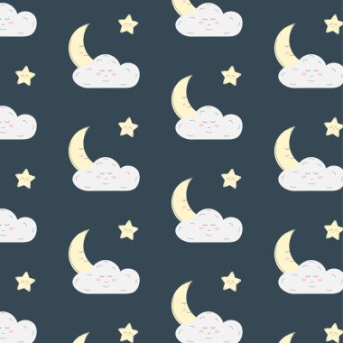 Yıldızlarla, aylarla ve bulutlarla kusursuz bir arkaplan. Kumaş, duvar kağıdı, giysi, bebek bezi için vektör görüntüsü.