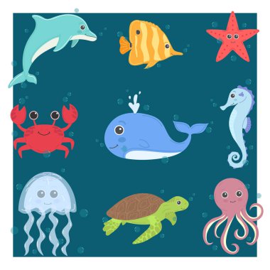 Deniz insanları, komik set. Vektör illüstrasyonu