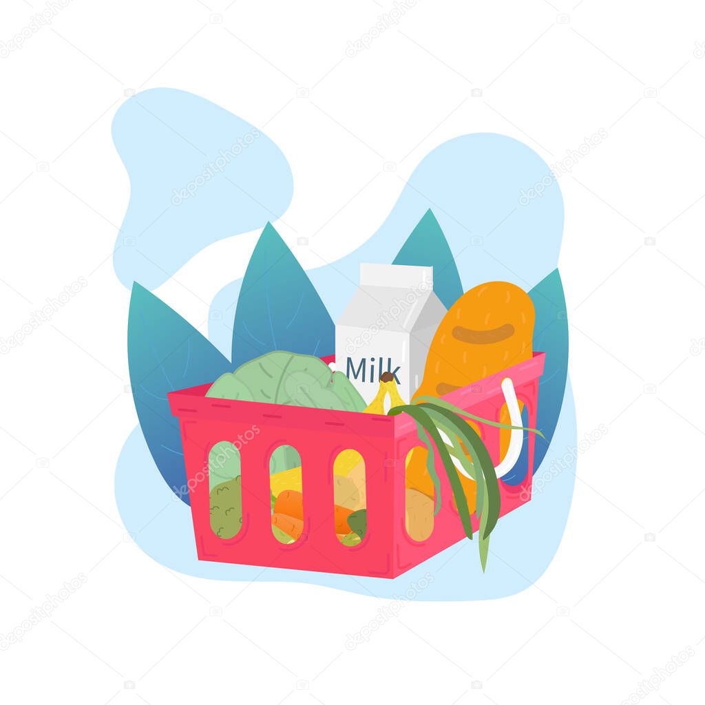 Food basket. Shopping at the supermarket. Vector illustration