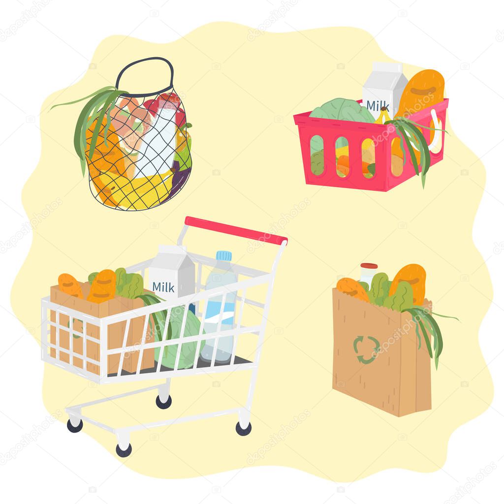 Grocery basket, paper bag, shopping cart with food, shopping bag. Vector illustration