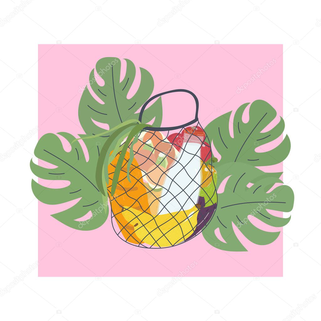 A bag of fabric for food in a mesh. Vector illustration