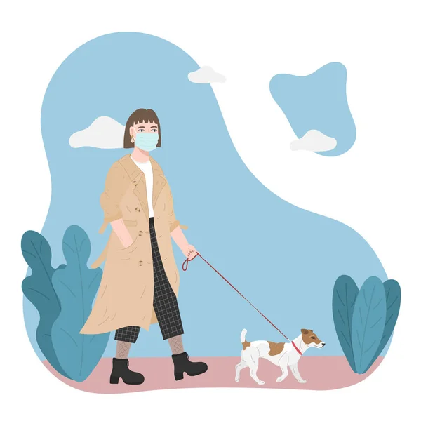 Maskeli Bir Köpekle Yürüyen Bir Kadın Karantina Sırasında Köpek Gezdirme — Stok Vektör