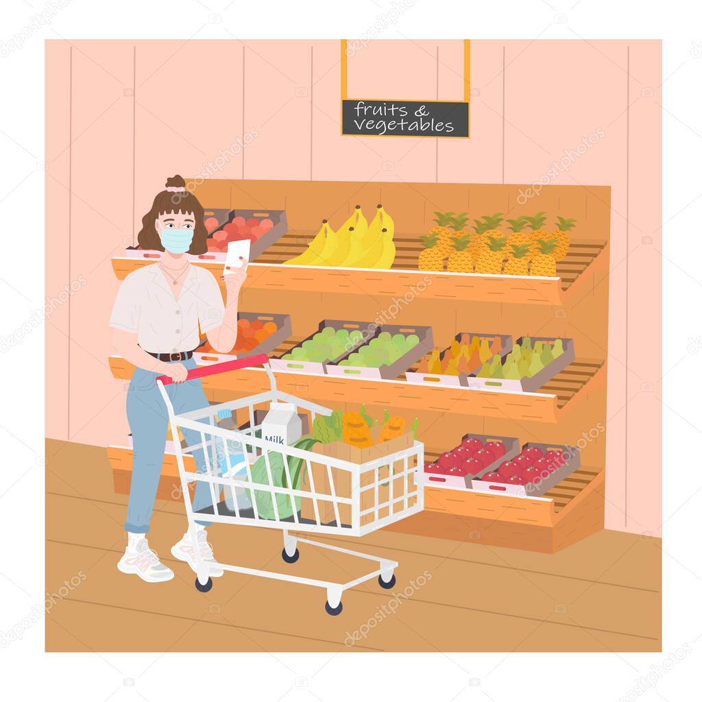 Woman in a supermarket with a list of products in a mask. Pandemic, quarantine. Vector illustration