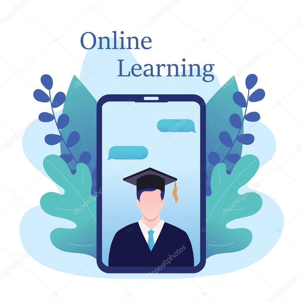 Online education, home schooling through the mobile application. Vector illustration