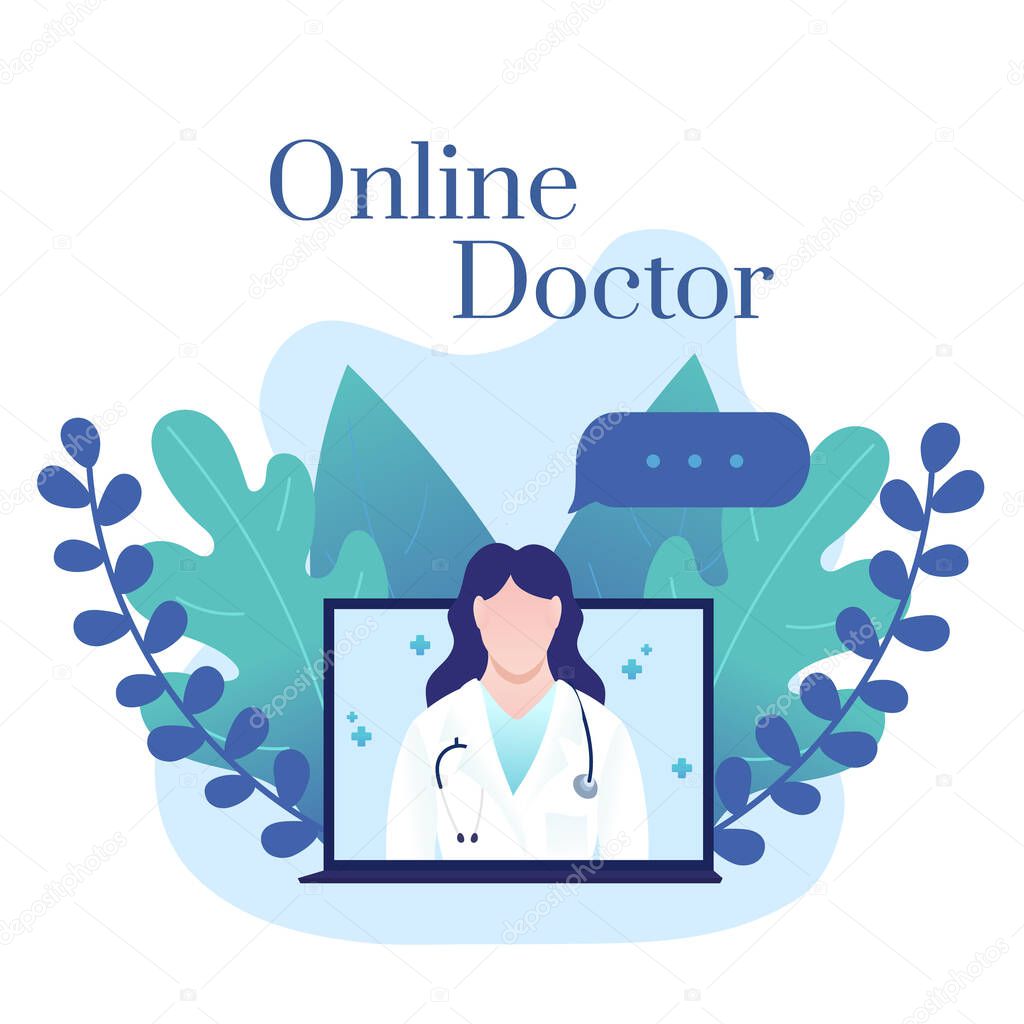 Internet doctor. Specialist consultation through your computer. Vector illustration