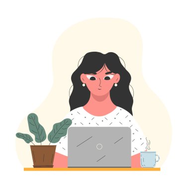 Evde çalış. Evinde dizüstü bilgisayarda çalışan bir kadın. Online eğitim, eğitim. Vektör illüstrasyonu.