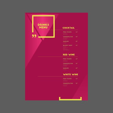 İçki menüsü. Kokteyl. Beyaz ve kırmızı şarap..