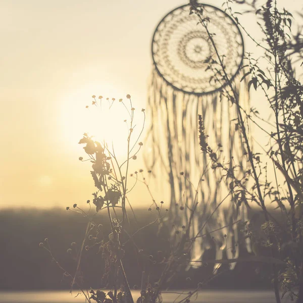 Siluetas de atrapasueños y plantas. Actividades creativas y naturaleza para la relajación . —  Fotos de Stock