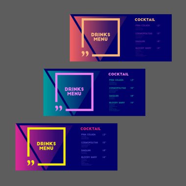 İçki menüsü. Kokteyl. Hazır ol. Üçgen, kare ve alıntılar. 