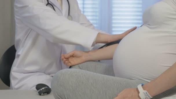 En läkare undersöker en gravid kvinna på sitt kontor — Stockvideo