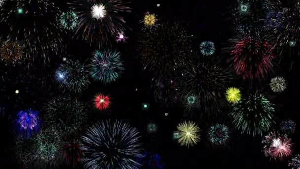 Fuochi d'artificio esplodono su sfondo nero profondo — Video Stock