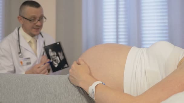 Врач осматривает беременную женщину в своем кабинете — стоковое видео