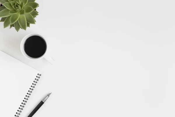 Workspace accessories, coffee and a succulent plant on a white table.  Flat lay with blank copy space.