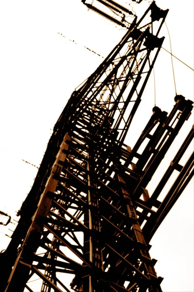 High Voltage Pole City Background Danger Sky Bottom Shot — Stock Photo, Image