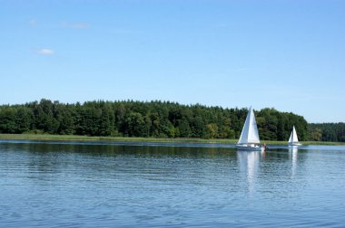 Yelkenli göl üzerinde yüzer ve mavi gökyüzü yelken açar