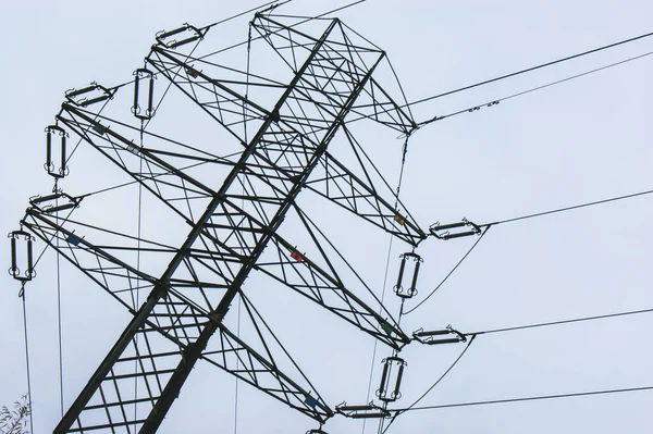 High Voltage Steel Metal Pole Background Blue Cloudy Sky Wires — Stock Photo, Image