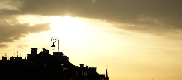 Warschau Oude Stad Panorama Zonsondergang Polen Silhouet Oranje Licht — Stockfoto