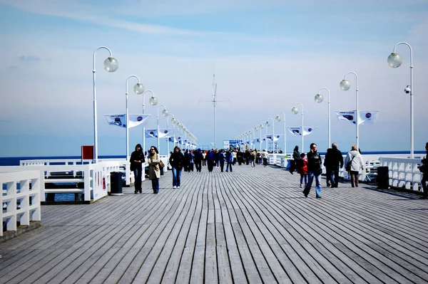 Cais Molhe Sopot Polônia Ponte Mar Báltico Corrimão Madeira Branco — Fotografia de Stock