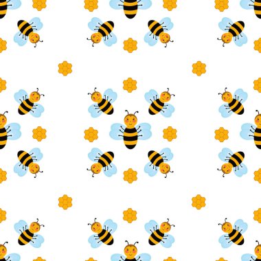 Beyaz arka planda sevimli çizgi film arıları ve bal petekleri olan kusursuz bir desen. Düz vektör biçimi.