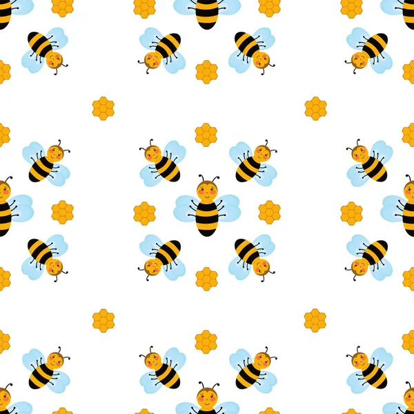Naadloos Patroon Met Leuke Cartoon Bijen Honingraten Witte Achtergrond Vlakke — Stockvector