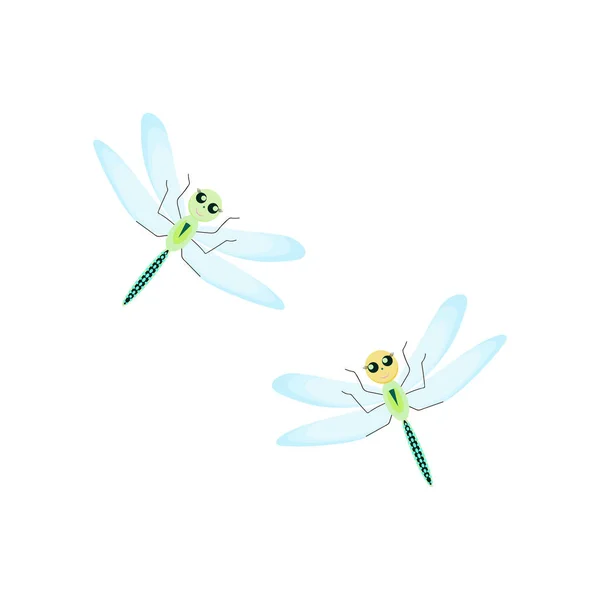 Illustratie Van Twee Schattige Cartoon Libellen Witte Achtergrond Vlakke Vectorstijl — Stockvector