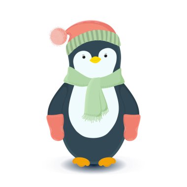 Kış mevsiminde kep, eşarp ve eldiven takan bir penguenin vektör çizimi. Beyaz arka plan. - Mutlu yıllar. Kış kartı. Yeni yıl kartı. Yazdırma tasarımı. Kış karakteri.