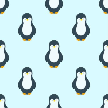 Kış mevsiminde penguenlerin vektör deseni. Açık mavi arkaplan. - Mutlu yıllar. Kış ve Yeni Yıl baskı tasarımı.