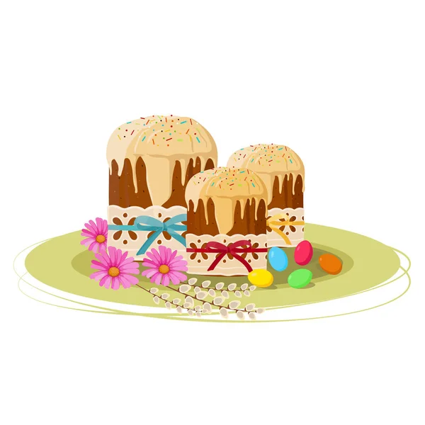 Gâteaux Pâques Avec Garniture Décorations Fleurs Branches Saule Œufs Colorés — Image vectorielle