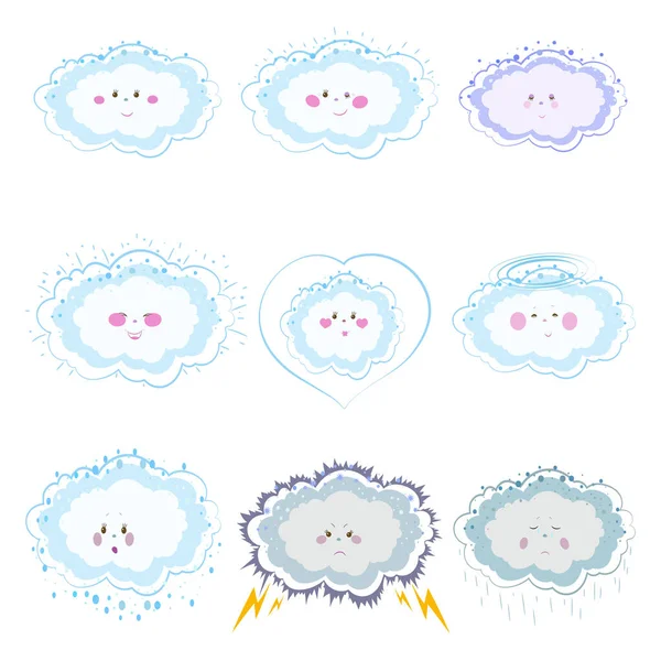 Ensemble Nuages Mignons Sur Fond Blanc Illustration Vectorielle Dessinée Main — Image vectorielle