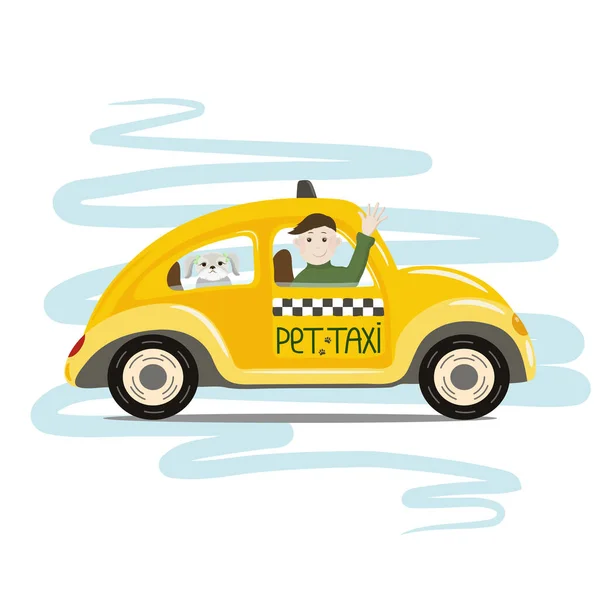 かわいい漫画黄色のペットタクシー 白い背景のペットタクシーベクトルイラスト ペットタクシーの運転手と犬 ペットの輸送 ペットの送迎サービス ペット旅行のコンセプト — ストックベクタ