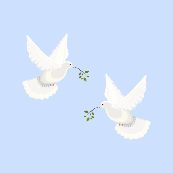 木の枝を持つ青い空を飛ぶ2つの美しい光沢のある白い鳩 ベクトル手描きイラスト — ストックベクタ