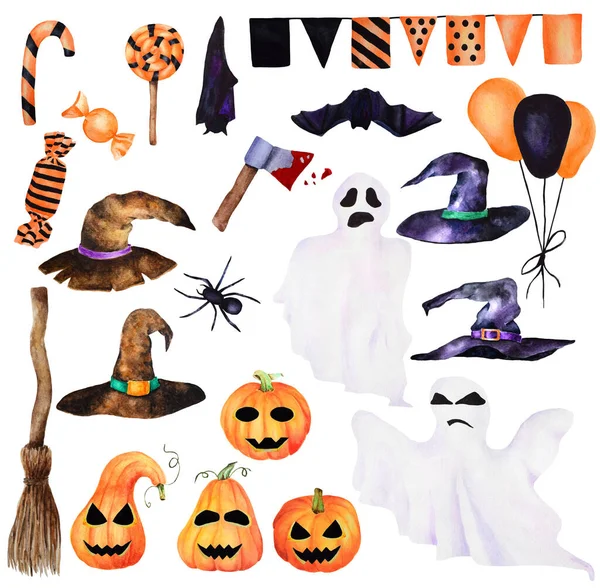 Watercolor Halloween Set Hand Painted Pumpkins Face Sweets Fancy Witch — Stock Photo, Image