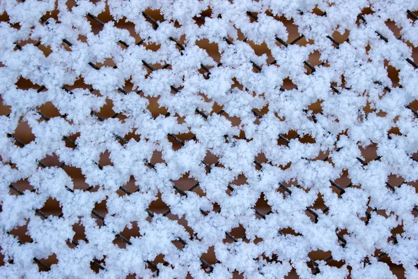 Wire fence covered by snow and ice crystals